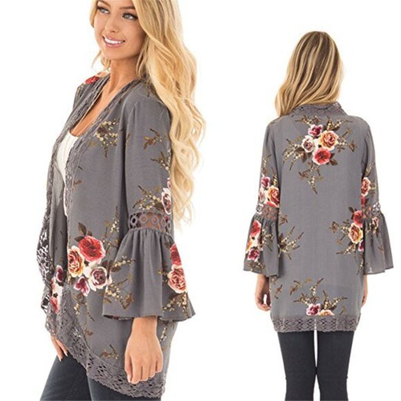 Bohemian Floral Lightweight Bell Sleeve Cottagecore Kimono Jacket - Picture 3 of 13